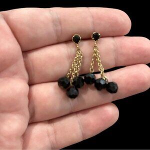 Gold Chain Drop Earrings With Black Faceted Beads For Women